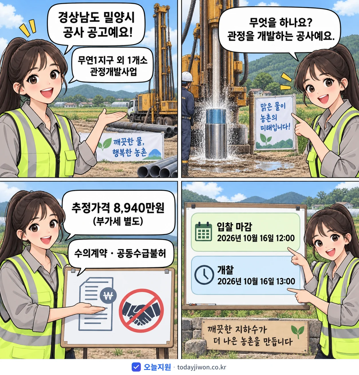 4컷 만화로 보는 공고: 경상남도 밀양시 '무연1지구 외 1개소 관정개발사업', 추정가격 8,940만원, 입찰 마감 10/16 12:00