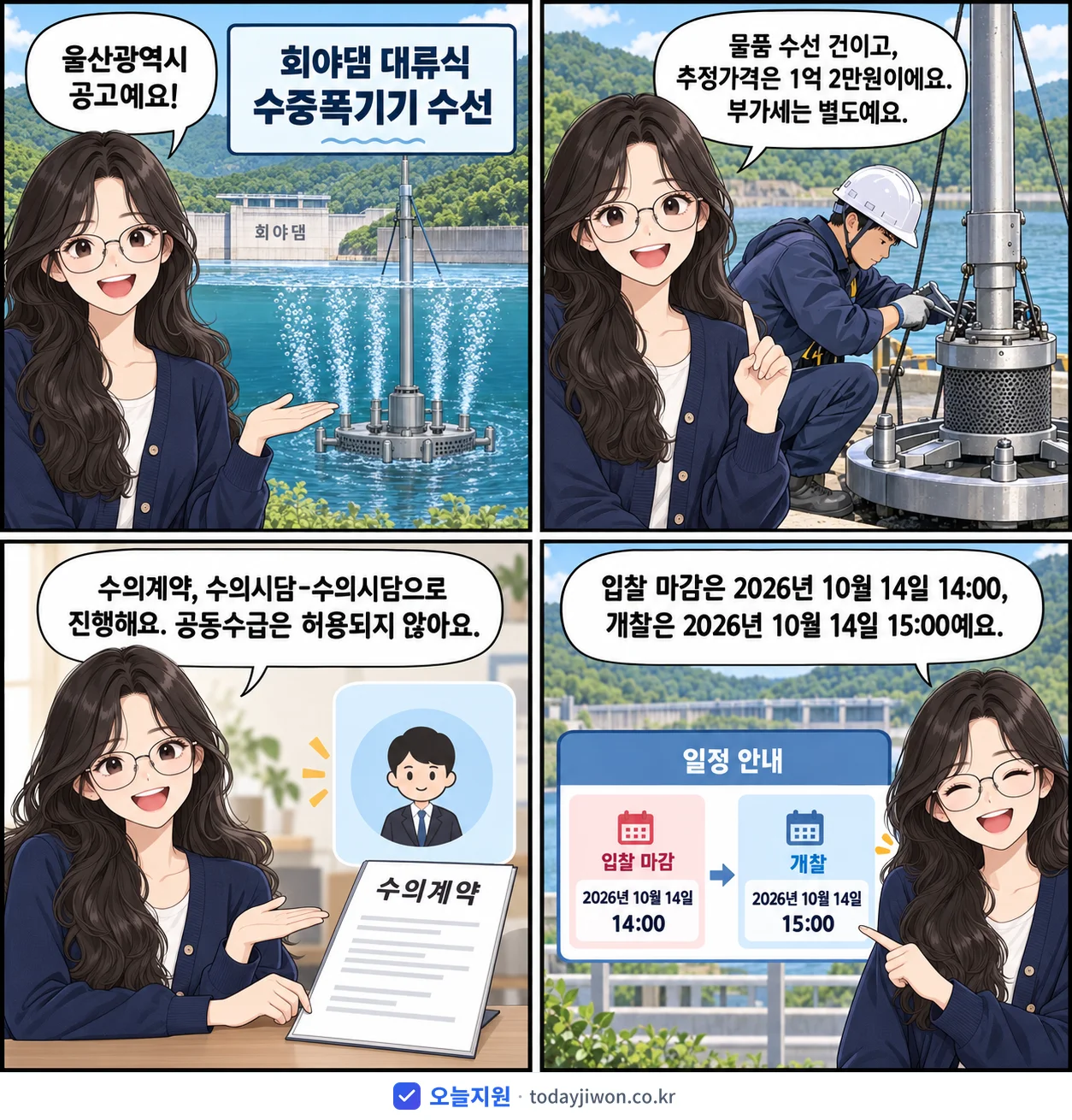 4컷 만화로 보는 공고: 울산광역시 '회야댐 대류식 수중폭기기 수선', 추정가격 1억 2만원, 입찰 마감 10/14 14:00