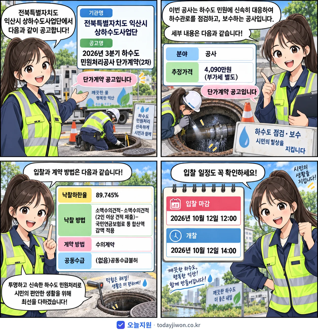 4컷 만화로 보는 공고: 전북특별자치도 익산시 상하수도사업단 '3분기 하수도 민원처리공사 단가계약(2차)', 추정가격 4,090만원, 입찰 마감 10/12 12:00