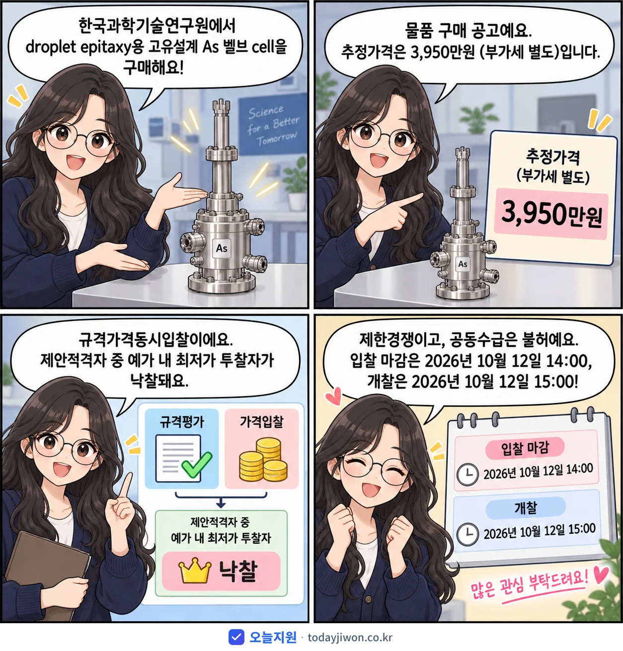 4컷 만화로 보는 공고: 한국과학기술연구원 'droplet epitaxy용 고유설계 As 벨브 cell 구매', 추정가격 3,950만원, 입찰 마감 10/12 14:00