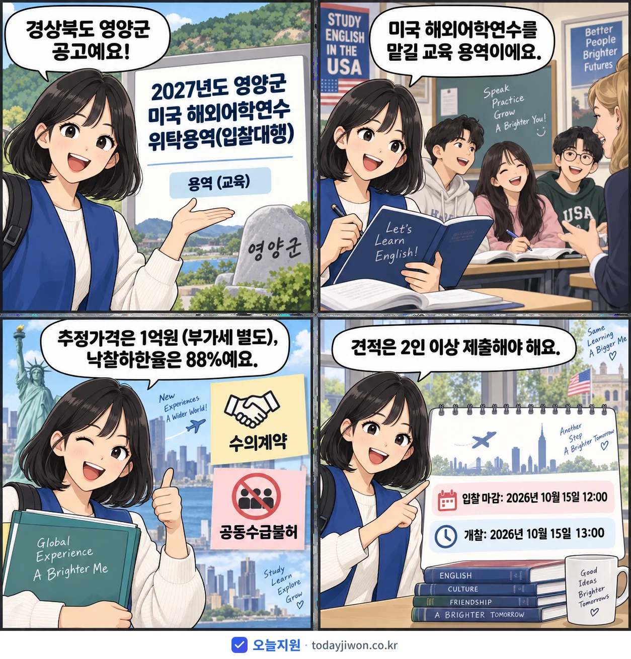 4컷 만화로 보는 공고: 경상북도 영양군 '영양군 미국 해외어학연수 위탁용역(입찰대행)', 추정가격 1억원, 입찰 마감 10/15 12:00