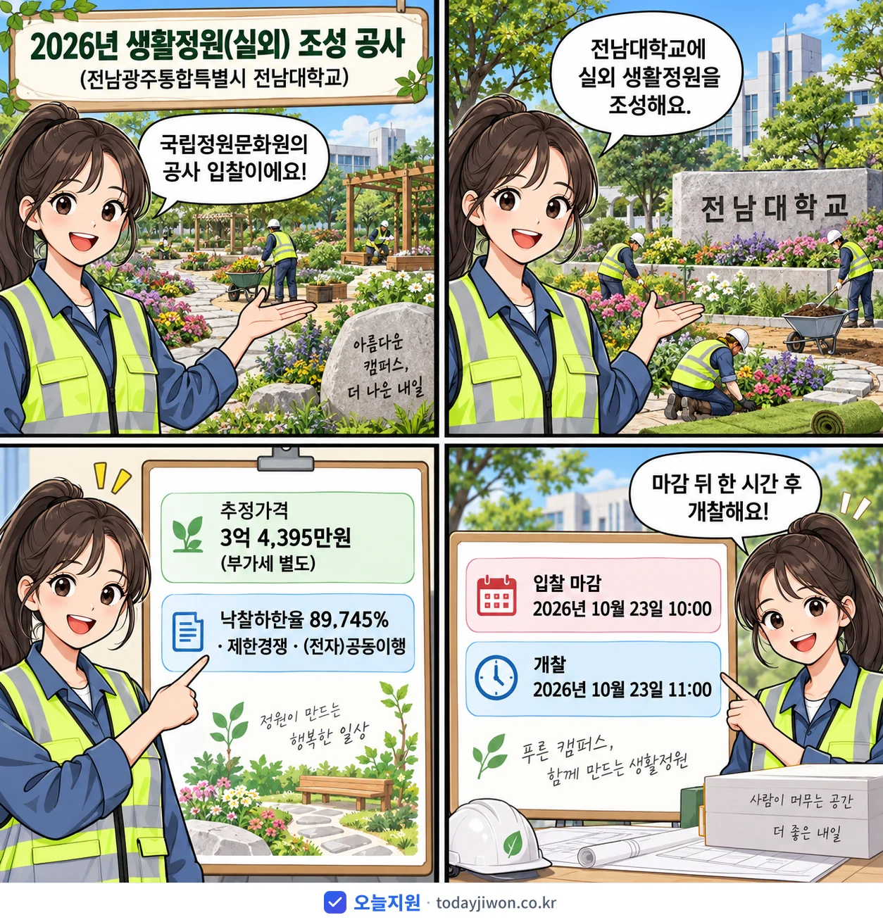 4컷 만화로 보는 공고: 국립정원문화원 '생활정원(실외) 조성 공사(전남광주통합특별시 전남대학교)', 추정가격 3억 4,395만원, 입찰 마감 10/23 10:00