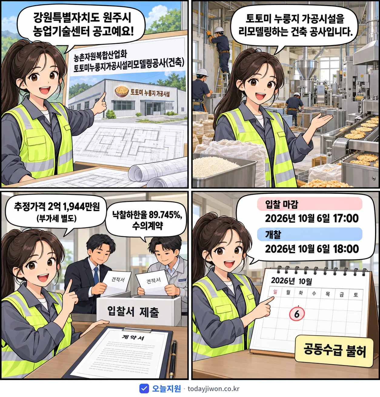 4컷 만화로 보는 공고: 강원특별자치도 원주시 농업기술센터 '농촌자원복합산업화 토토미누룽지가공시설리모델링공사(건축)', 추정가격 2억 1,944만원, 입찰 마감 10/6 17:00