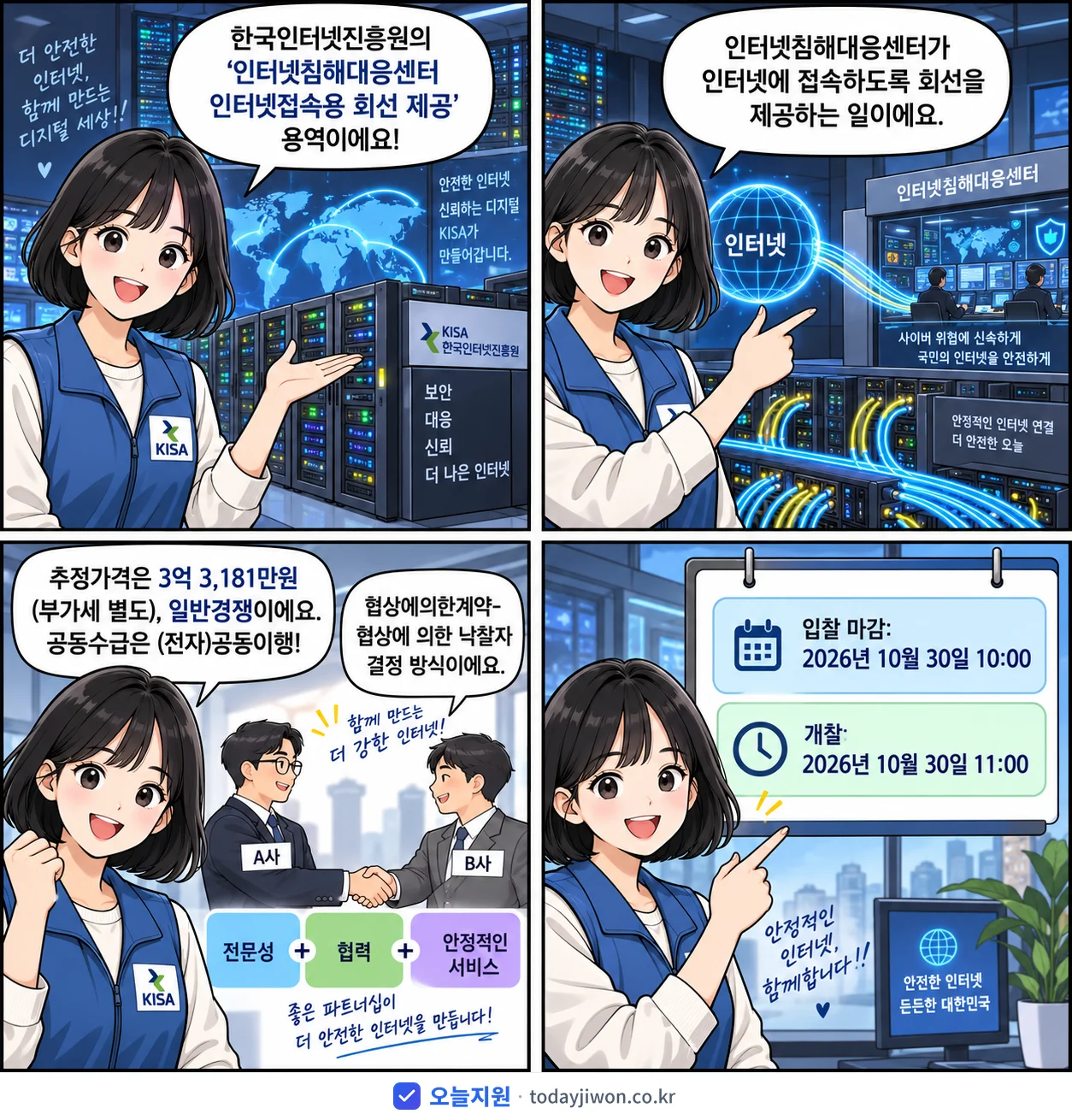 4컷 만화로 보는 공고: 한국인터넷진흥원 '인터넷침해대응센터 인터넷접속용 회선 제공', 추정가격 3억 3,181만원, 입찰 마감 10/30 10:00