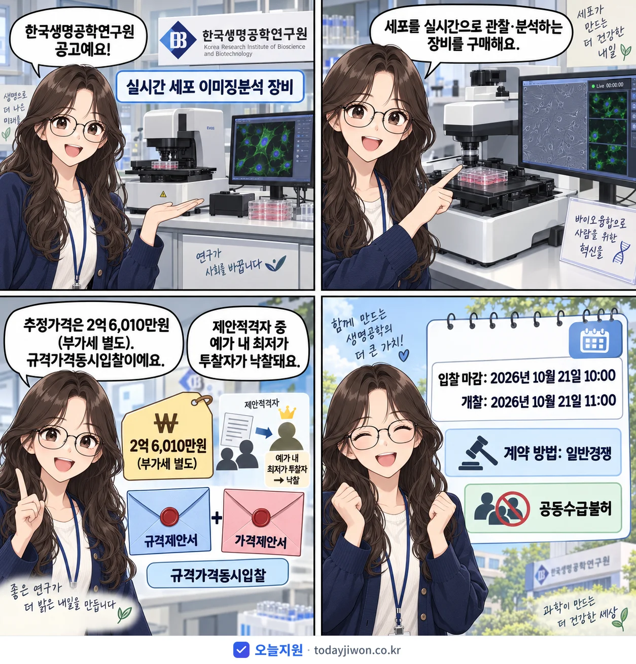 4컷 만화로 보는 공고: 한국생명공학연구원 '실시간 세포 이미징분석 장비', 추정가격 2억 6,010만원, 입찰 마감 10/21 10:00