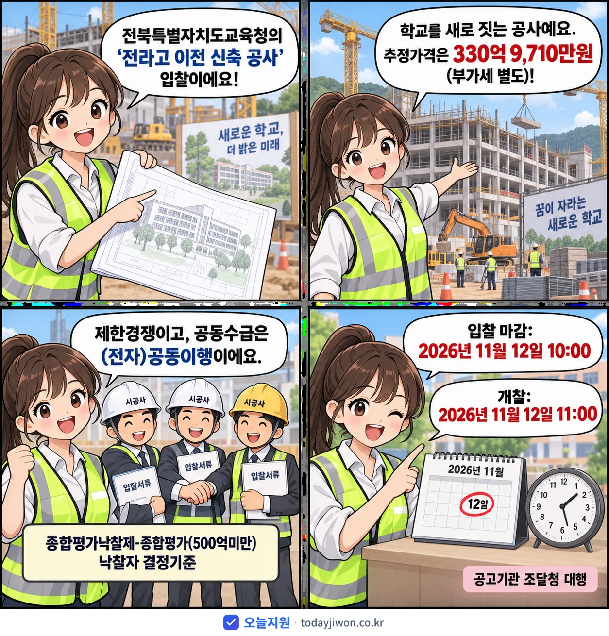 4컷 만화로 보는 공고: 전북특별자치도교육청 '전라고 이전 신축 공사', 추정가격 330억 9,710만원, 입찰 마감 11/12 10:00