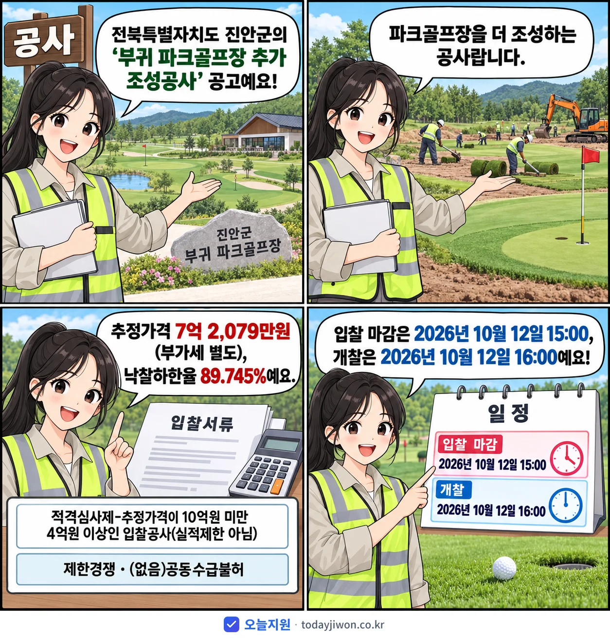 4컷 만화로 보는 공고: 전북특별자치도 진안군 '부귀 파크골프장 추가 조성공사', 추정가격 7억 2,079만원, 입찰 마감 10/12 15:00