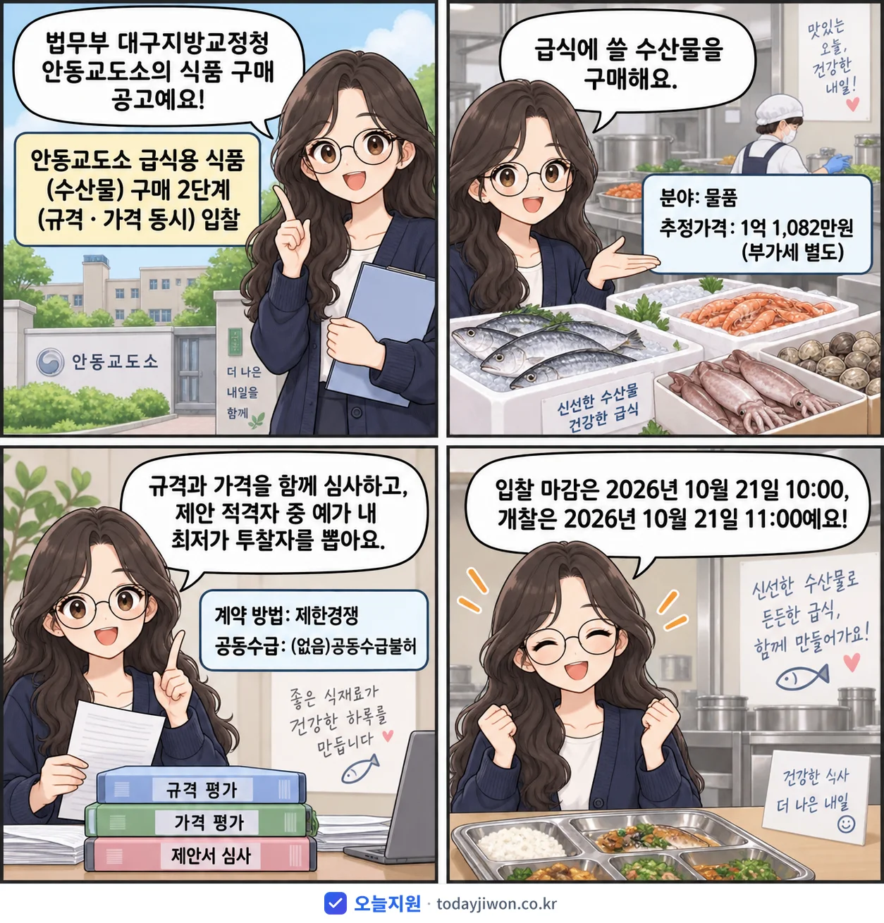 4컷 만화로 보는 공고: 법무부 대구지방교정청 안동교도소 '안동교도소 급식용 식품(수산물) 구매 2단계(규격ㆍ가격 동시) 입찰', 추정가격 1억 1,082만원, 입찰 마감 10/21 10:00