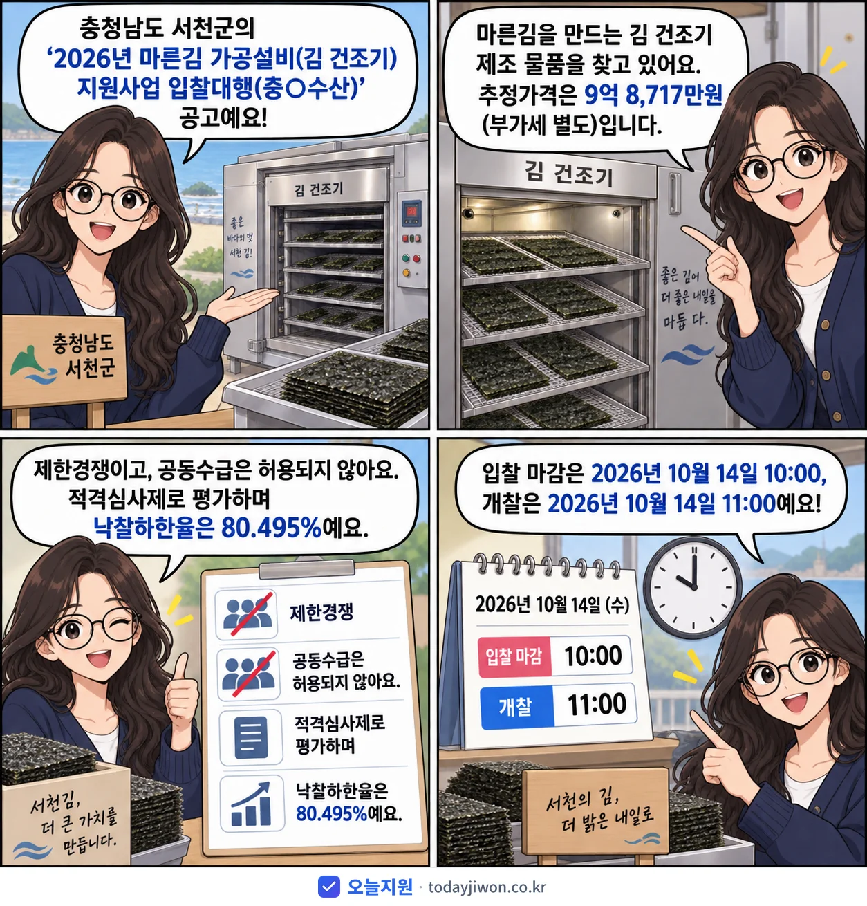 4컷 만화로 보는 공고: 충청남도 서천군 '마른김 가공설비(김 건조기)지원사업 입찰대행(중○수산)', 추정가격 9억 8,717만원, 입찰 마감 10/14 10:00