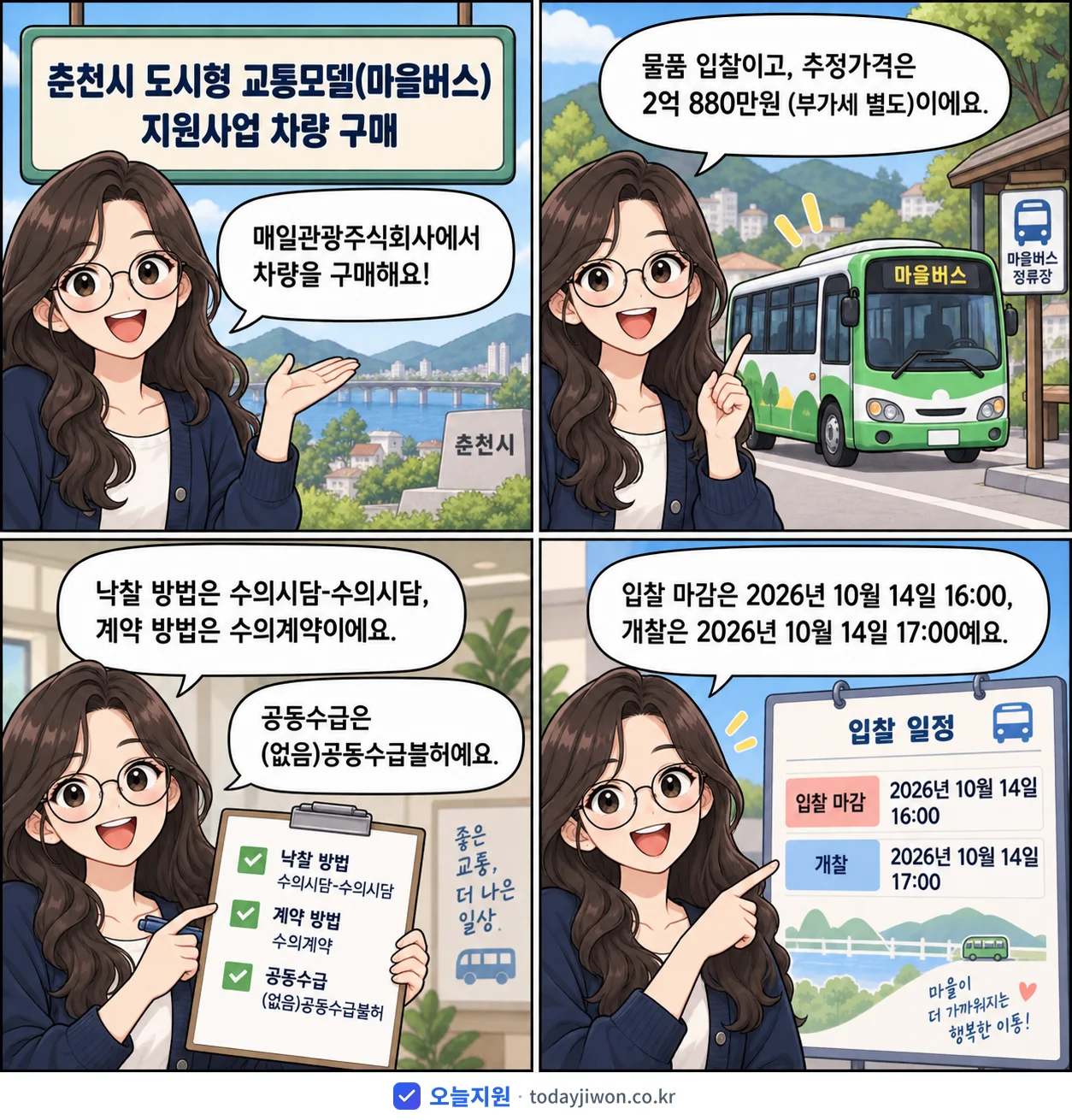 4컷 만화로 보는 공고: 매일관광주식회사 '춘천시 도시형 교통모델(마을버스) 지원사업 차량 구매', 추정가격 2억 880만원, 입찰 마감 10/14 16:00