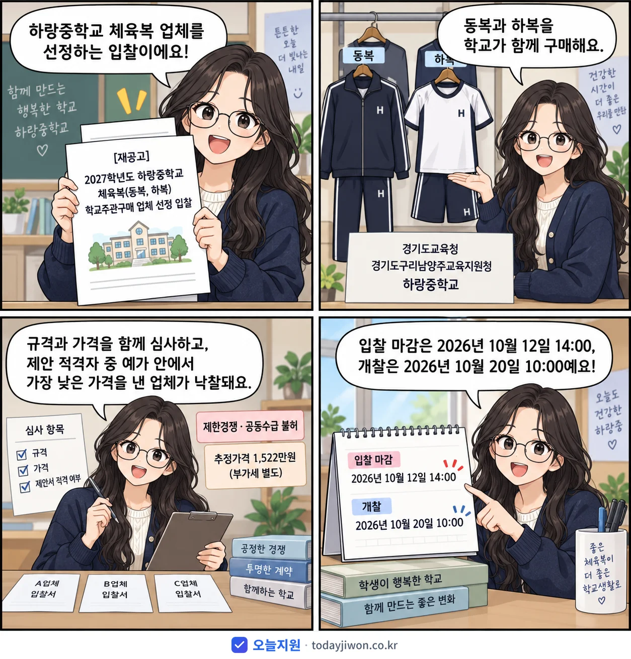 4컷 만화로 보는 공고: 경기도교육청 경기도구리남양주교육지원청 하랑중학교 '학년도 하랑중학교 체육복(동복, 하복) 학교주관구매 업체 선정 입찰', 추정가격 1,522만원, 입찰 마감 10/12 14:00