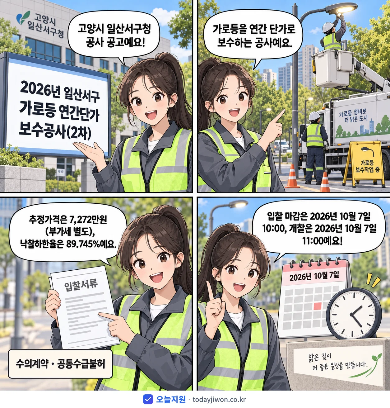 4컷 만화로 보는 공고: 고양시 일산서구청 '일산서구 가로등 연간단가 보수공사(2차)', 추정가격 7,272만원, 입찰 마감 10/7 10:00