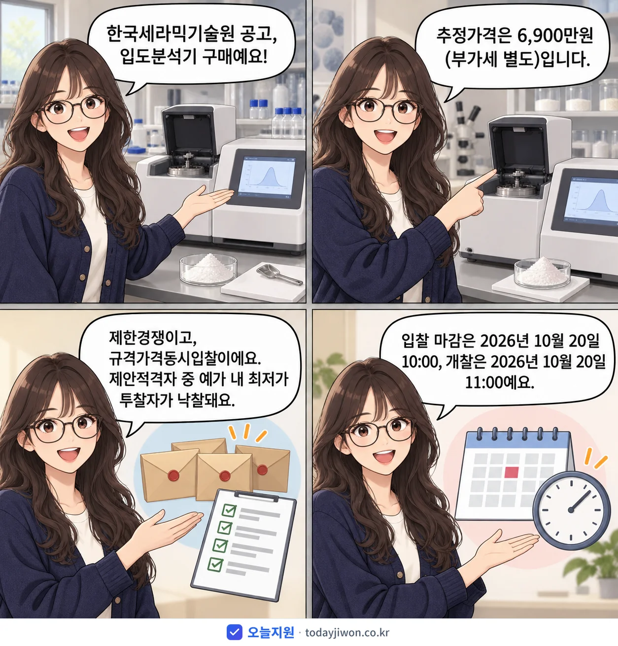 4컷 만화로 보는 공고: 한국세라믹기술원 '입도분석기', 추정가격 6,900만원, 입찰 마감 10/20 10:00
