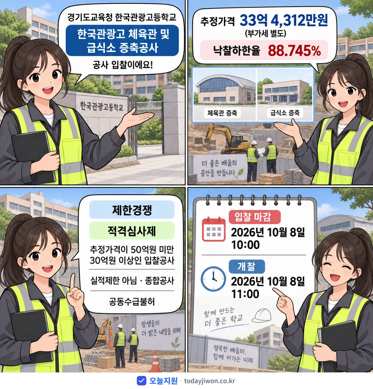 4컷 만화로 보는 공고: 경기도교육청 한국관광고등학교 '한국관광고 체육관 및 급식소 증축공사', 추정가격 33억 4,312만원, 입찰 마감 10/8 10:00
