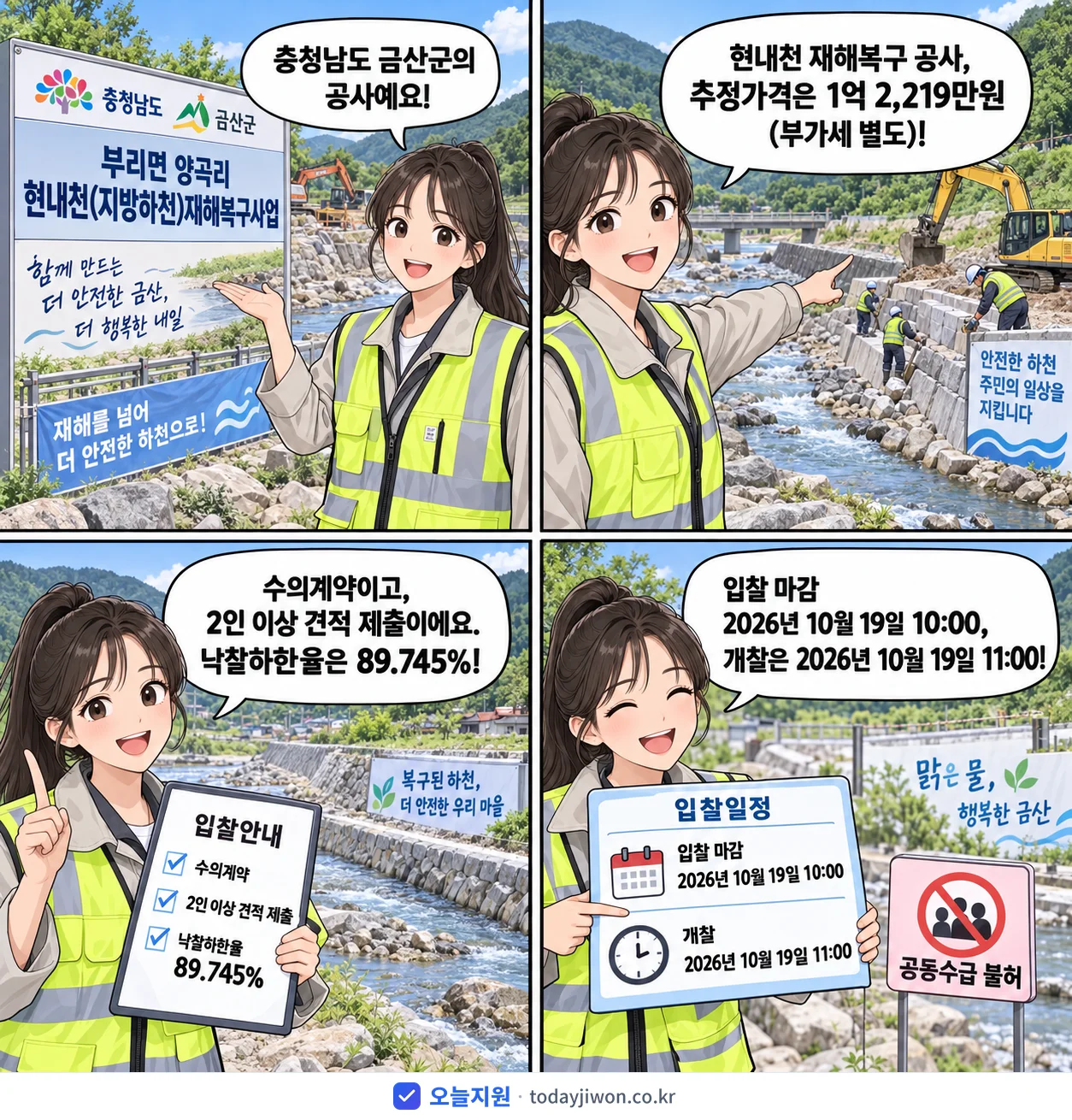 4컷 만화로 보는 공고: 충청남도 금산군 '부리면 양곡리 현내천(지방하천)재해복구사업', 추정가격 1억 2,219만원, 입찰 마감 10/19 10:00
