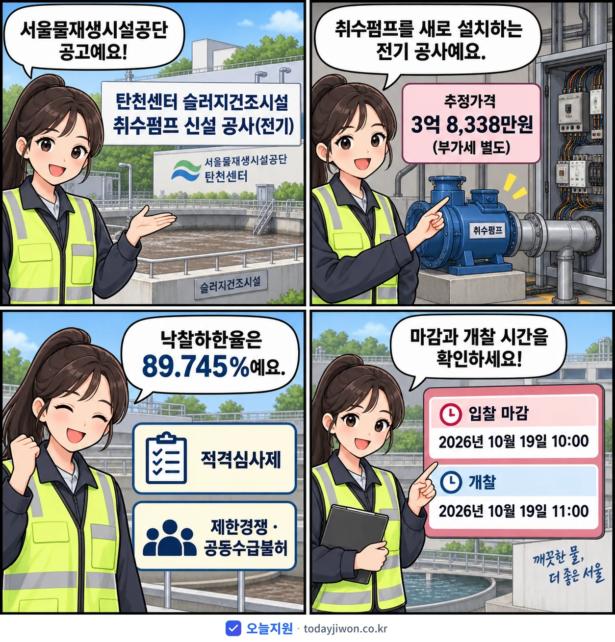 4컷 만화로 보는 공고: 서울물재생시설공단 '탄천센터 슬러지건조시설 취수펌프 신설 공사(전기)', 추정가격 3억 8,338만원, 입찰 마감 10/19 10:00