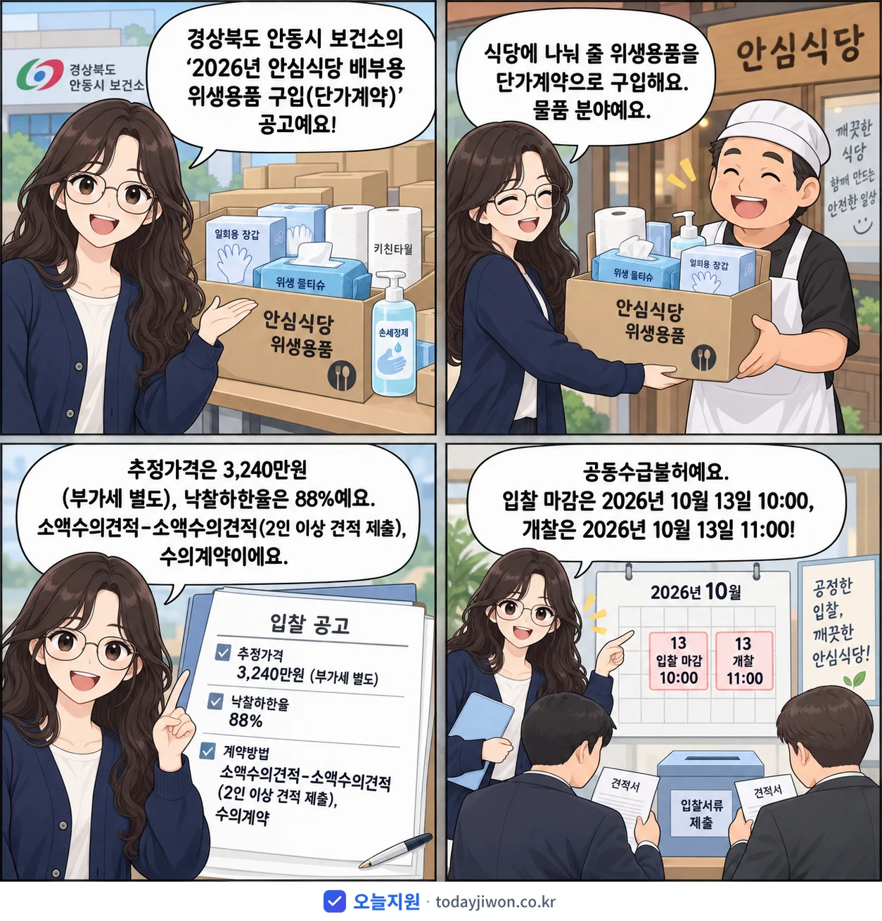 4컷 만화로 보는 공고: 경상북도 안동시 보건소 '안심식당 배부용 위생용품 구입', 추정가격 3,240만원, 입찰 마감 10/13 10:00