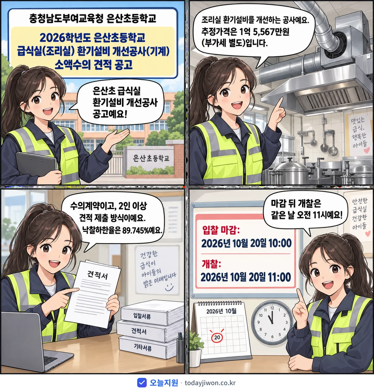 4컷 만화로 보는 공고: 충청남도부여교육청 은산초등학교 '학년도 은산초등학교 급식실(조리실) 환기설비 개선공사(기계) 소액수의…', 추정가격 1억 5,567만원, 입찰 마감 10/20 10:00