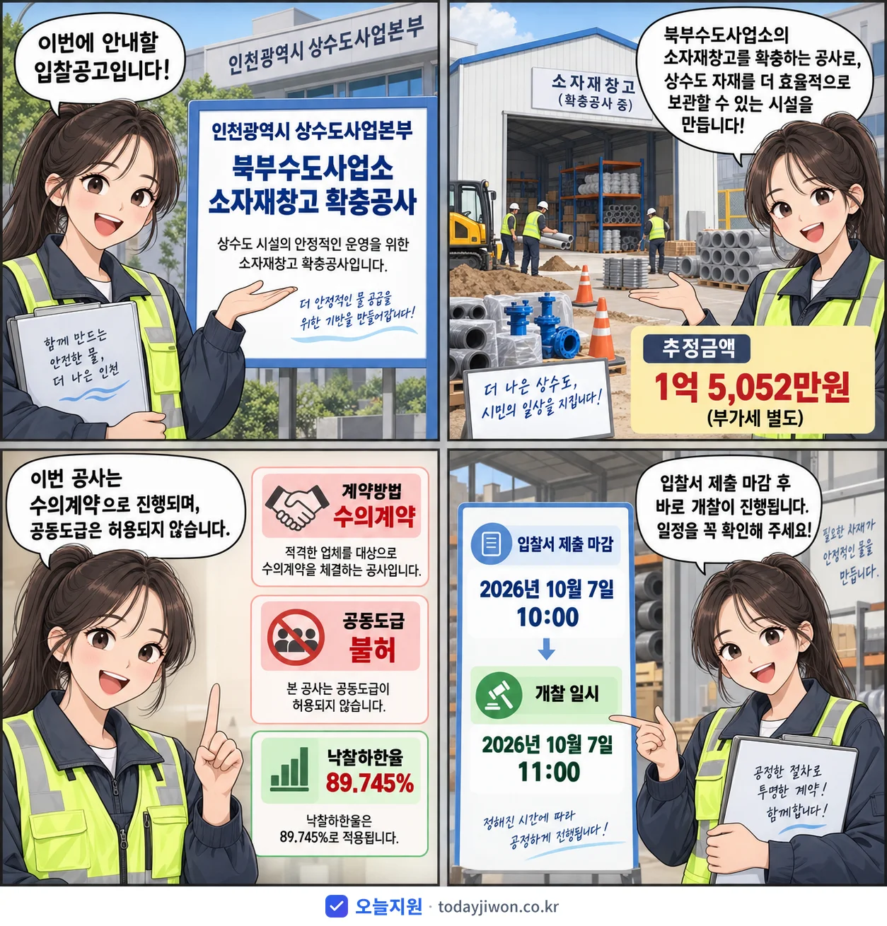 4컷 만화로 보는 공고: 인천광역시 상수도사업본부 '북부수도사업소 소자재창고 확충공사', 추정가격 1억 5,052만원, 입찰 마감 10/7 10:00