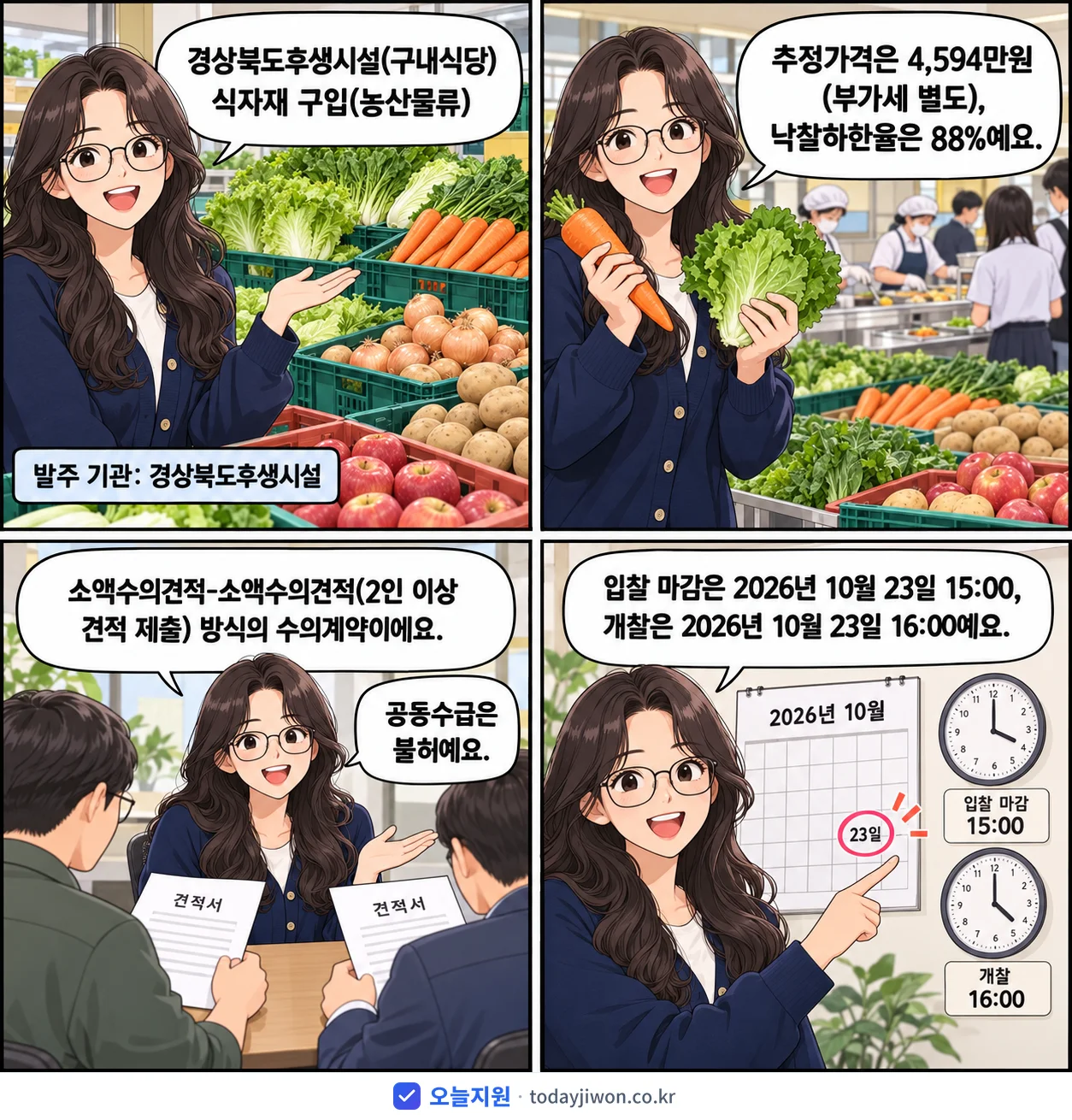 4컷 만화로 보는 공고: 경상북도후생시설 '경상북도후생시설(구내식당) 식자재 구입(농산물류)', 추정가격 4,594만원, 입찰 마감 10/23 15:00