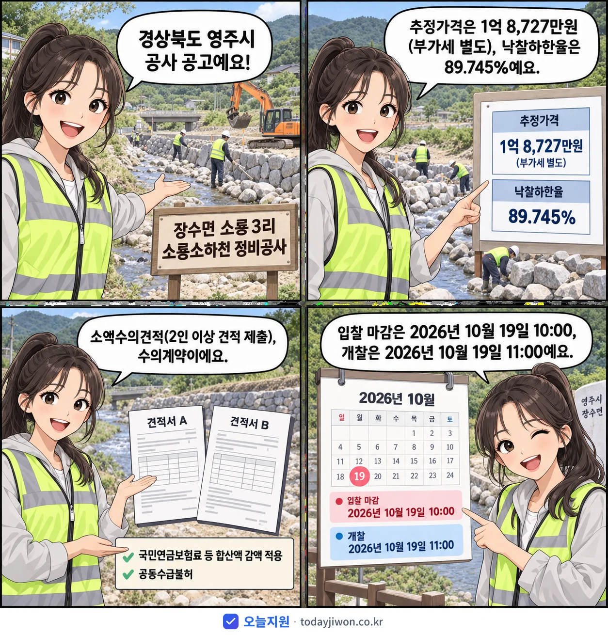4컷 만화로 보는 공고: 경상북도 영주시 '장수면 소룡3리 소룡소하천 정비공사', 추정가격 1억 8,727만원, 입찰 마감 10/19 10:00