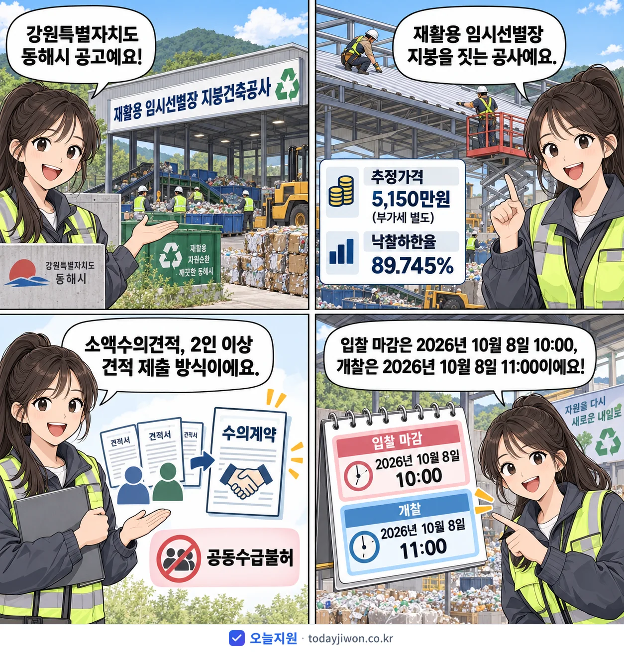 4컷 만화로 보는 공고: 강원특별자치도 동해시 '재활용 임시선별장 지붕건축공사', 추정가격 5,150만원, 입찰 마감 10/8 10:00