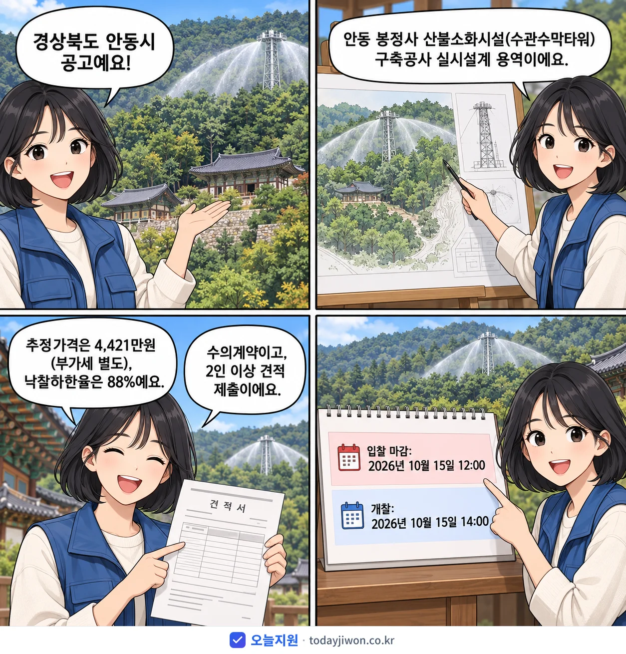 4컷 만화로 보는 공고: 경상북도 안동시 '안동 봉정사 산불소화시설(수관수막타워) 구축공사 실시설계 용역', 추정가격 4,421만원, 입찰 마감 10/15 12:00