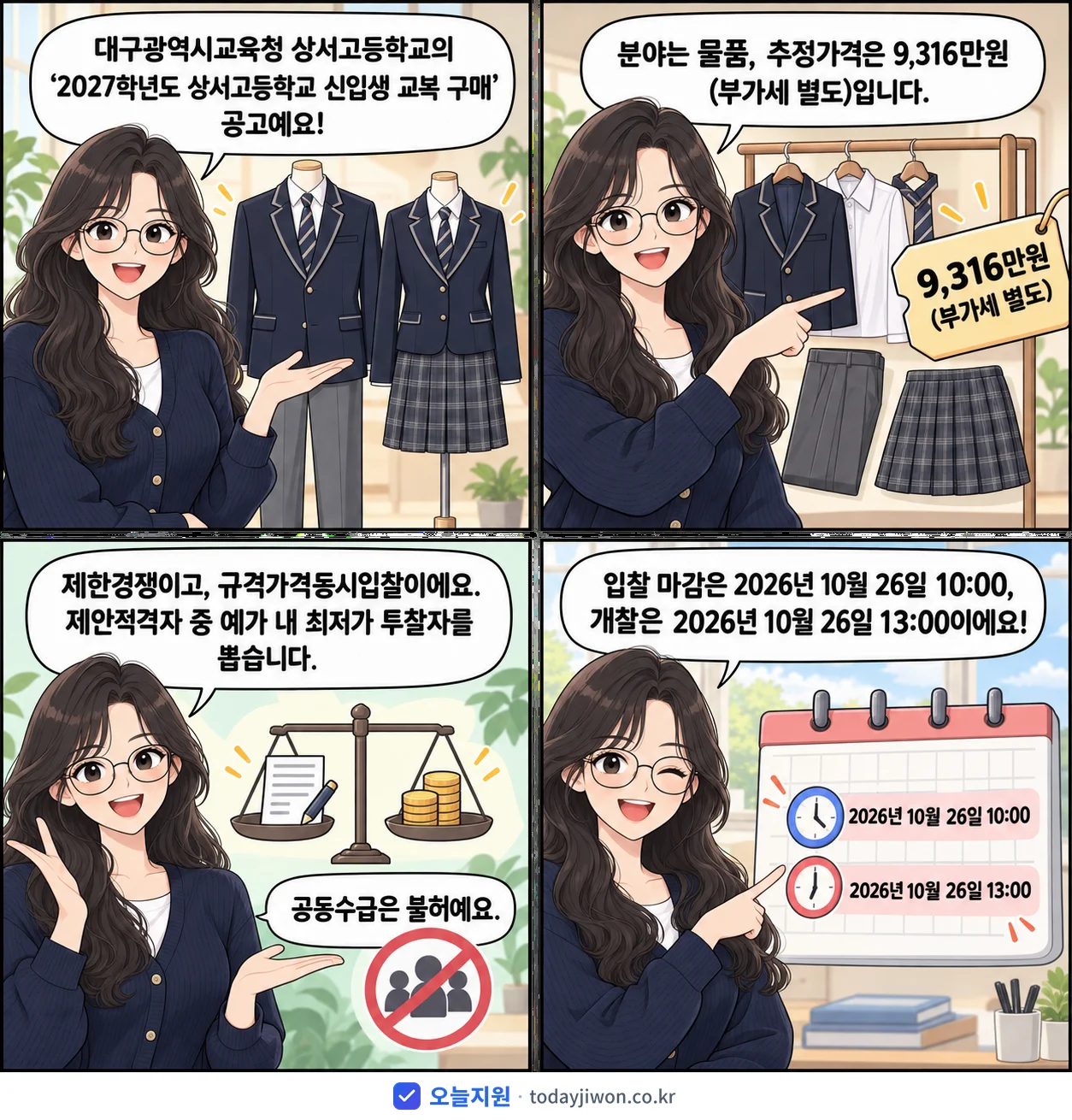 4컷 만화로 보는 공고: 대구광역시교육청 상서고등학교 '학년도 상서고등학교 신입생 교복 구매', 추정가격 9,316만원, 입찰 마감 10/26 10:00
