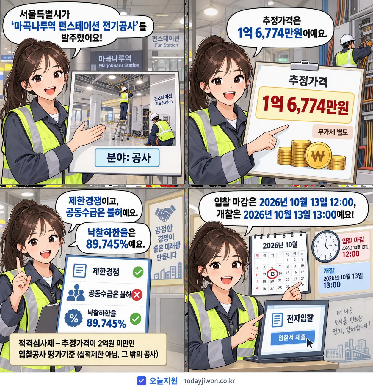 4컷 만화로 보는 공고: 서울특별시 '마곡나루역 펀스테이션 전기공사', 추정가격 1억 6,774만원, 입찰 마감 10/13 12:00