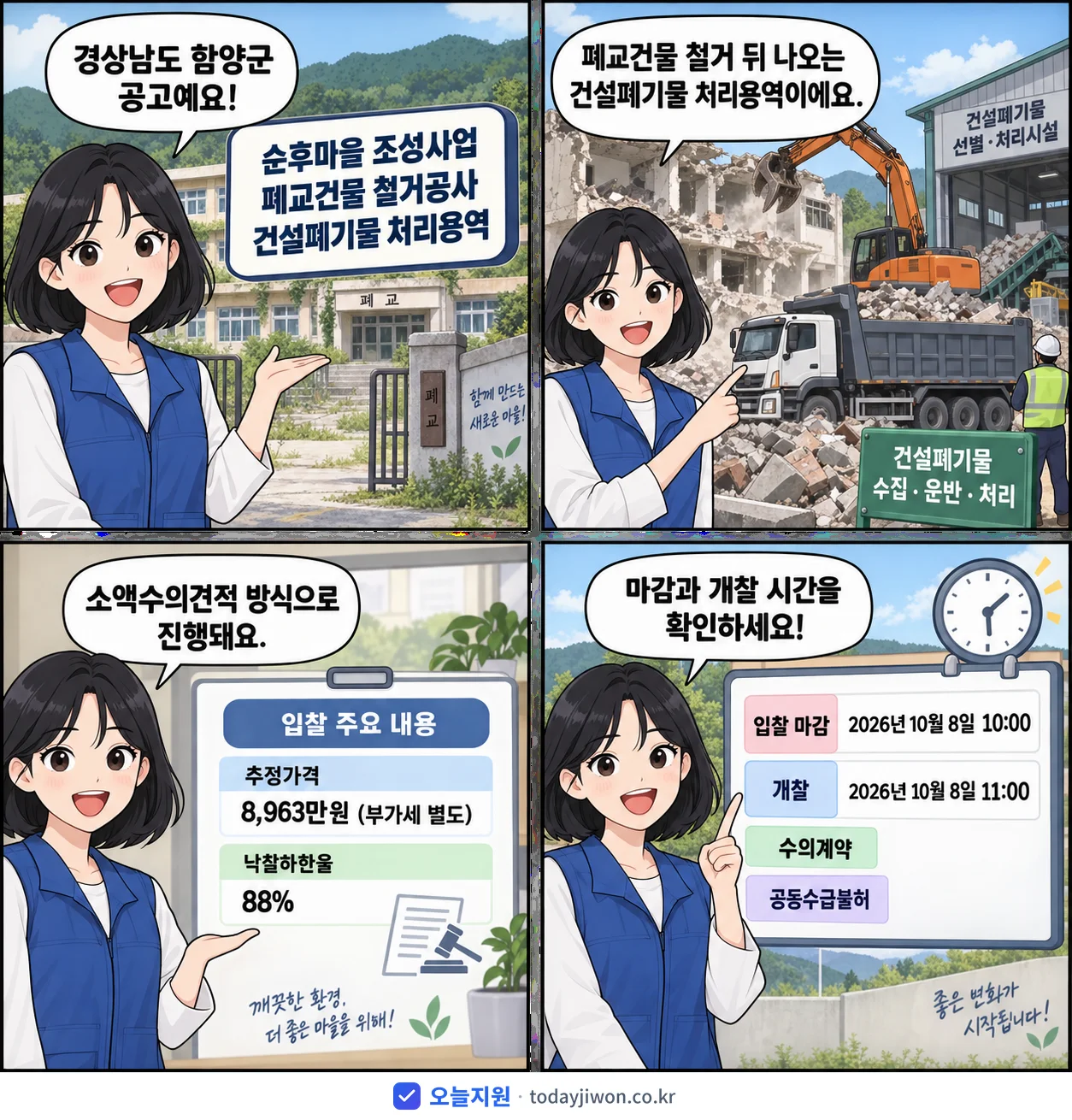 4컷 만화로 보는 공고: 경상남도 함양군 '순후마을 조성사업 폐교건물 철거공사 건설폐기물 처리용역', 추정가격 8,963만원, 입찰 마감 10/8 10:00