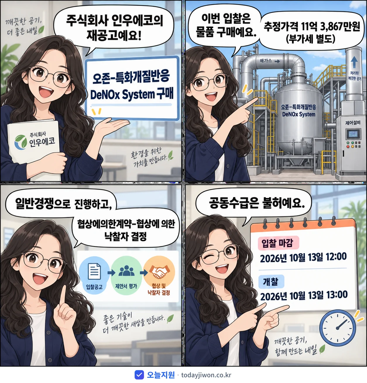 4컷 만화로 보는 공고: 주식회사 인우에코 '오존-특화개질반응 DeNOx System 구매', 추정가격 11억 3,867만원, 입찰 마감 10/13 12:00
