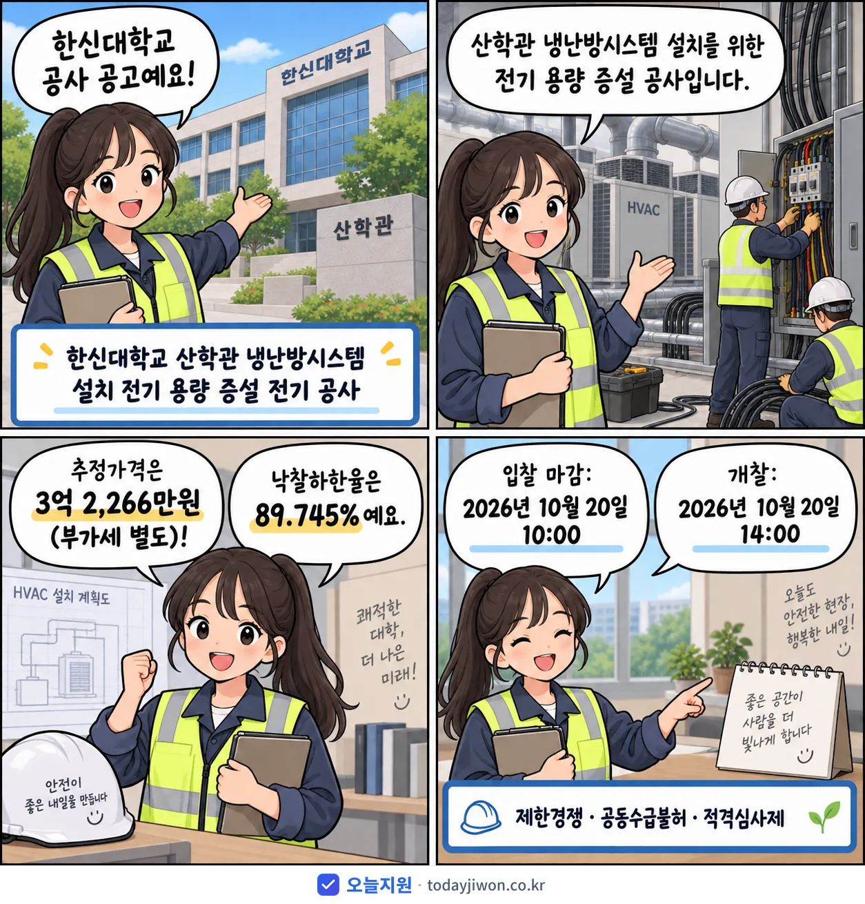 4컷 만화로 보는 공고: 한신대학교 '한신대학교 산학관 냉난방시스템 설치 전기 용량 증설 전기 공사', 추정가격 3억 2,266만원, 입찰 마감 10/20 10:00