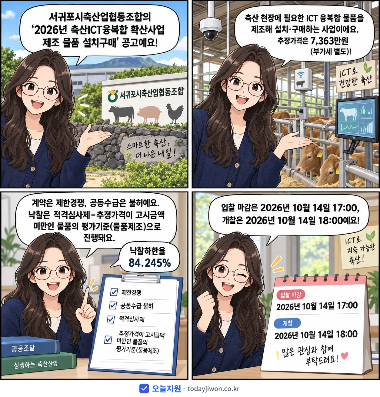 4컷 만화로 보는 공고: 서귀포시축산업협동조합 '축산ICT융복합 확산사업 제조 물품 설치구매', 추정가격 7,363만원, 입찰 마감 10/14 17:00