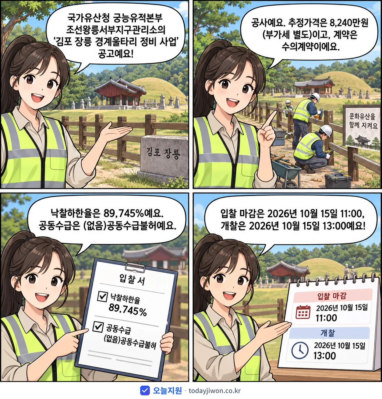 4컷 만화로 보는 공고: 국가유산청 궁능유적본부 조선왕릉서부지구관리소 '김포 장릉 경계울타리 정비 사업', 추정가격 8,240만원, 입찰 마감 10/15 11:00