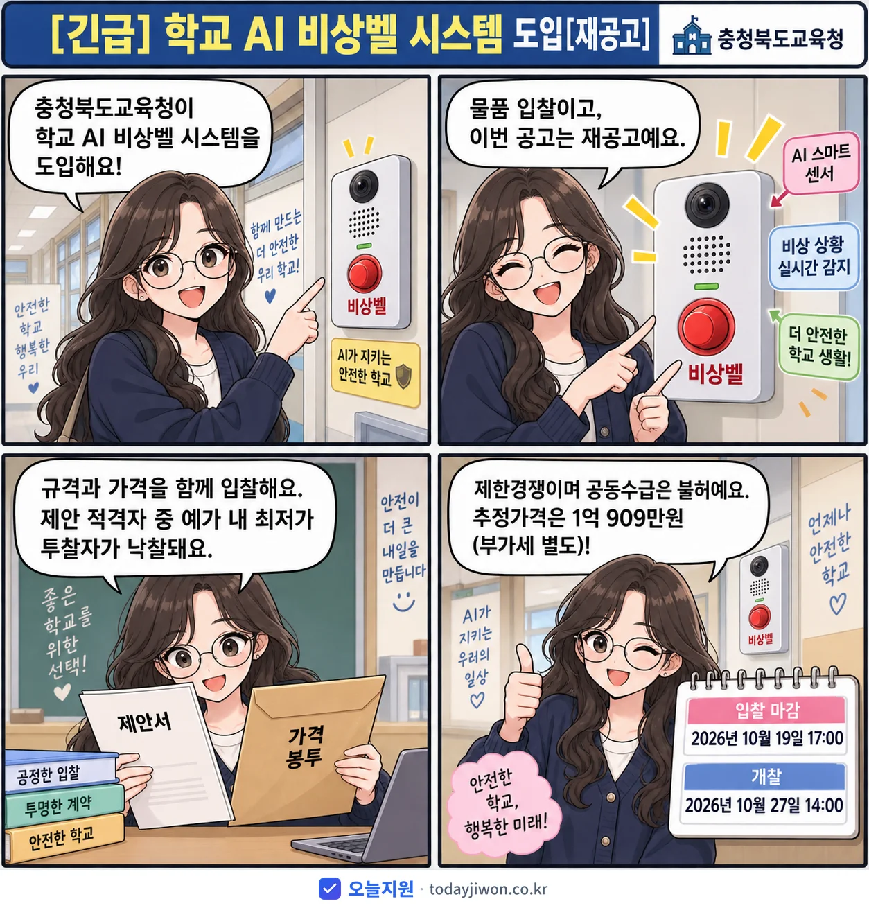4컷 만화로 보는 공고: 충청북도교육청 '학교 AI 비상벨 시스템 도입', 추정가격 1억 909만원, 입찰 마감 10/19 17:00