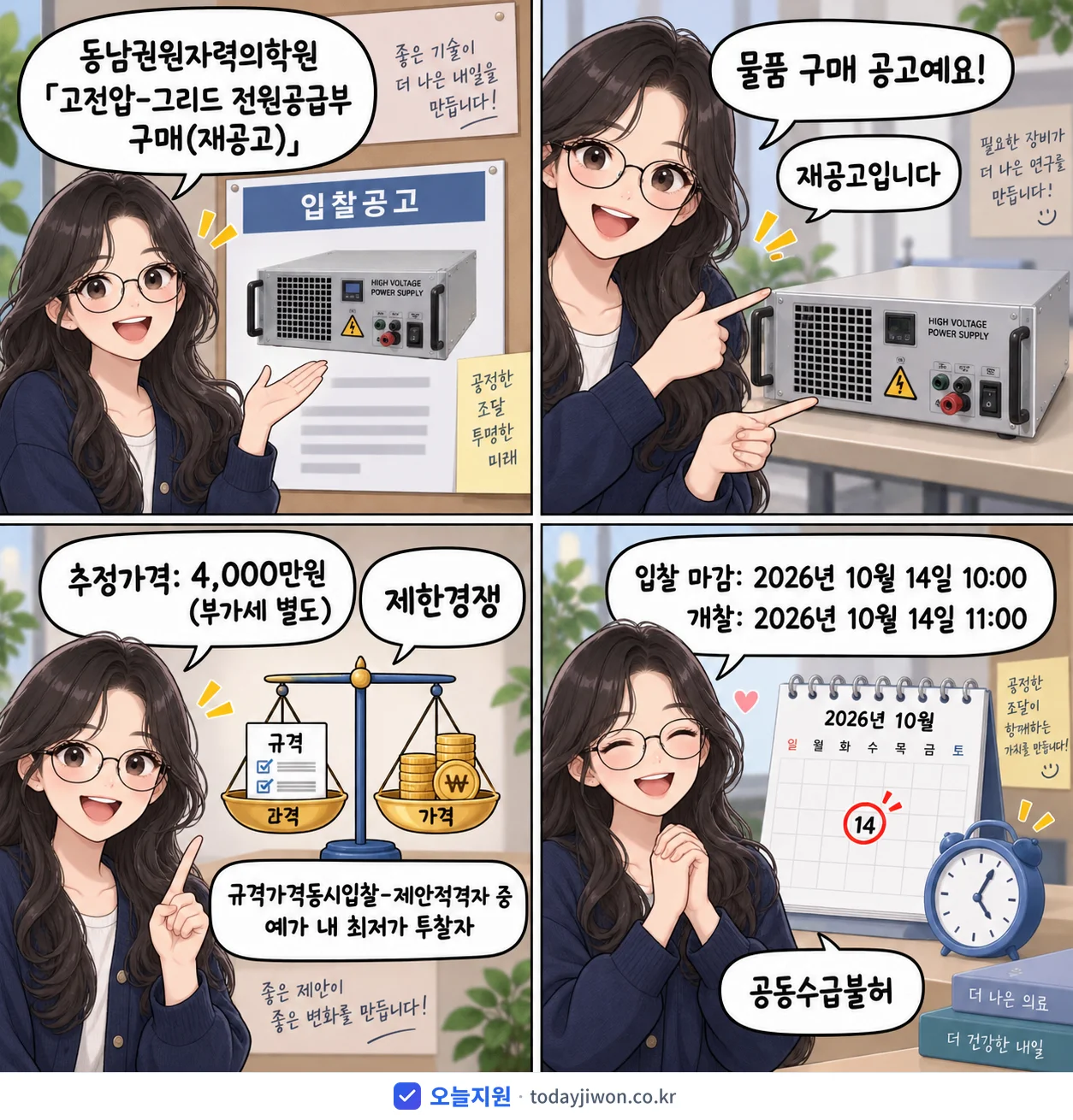 4컷 만화로 보는 공고: 동남권원자력의학원 '고전압-그리드 전원공급부 구매', 추정가격 4,000만원, 입찰 마감 10/14 10:00