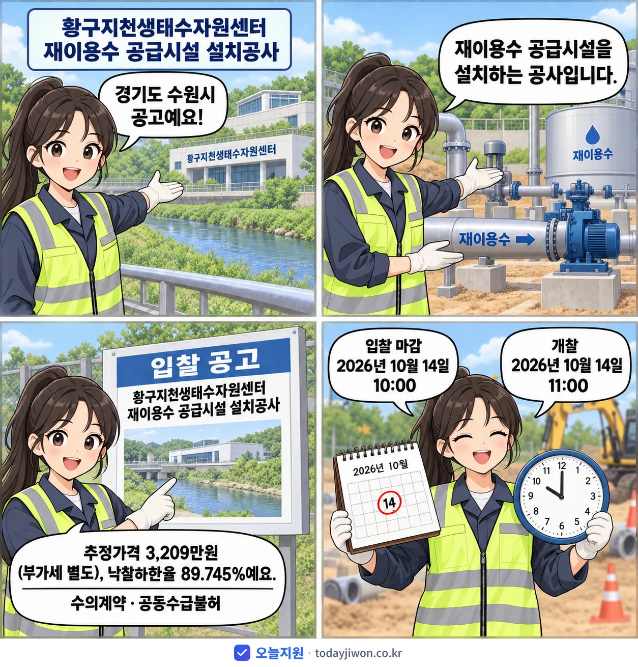4컷 만화로 보는 공고: 경기도 수원시 '황구지천생태수자원센터 재이용수 공급시설 설치공사', 추정가격 3,209만원, 입찰 마감 10/14 10:00