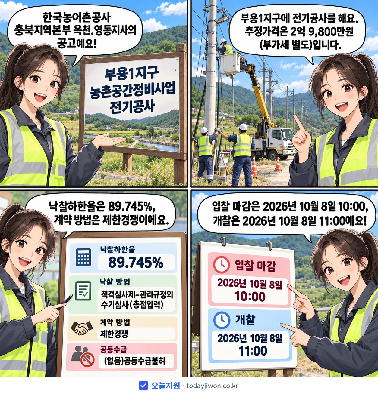 4컷 만화로 보는 공고: 한국농어촌공사 충북지역본부 옥천.영동지사 '부용1지구 농촌공간정비사업 전기공사', 추정가격 2억 9,800만원, 입찰 마감 10/8 10:00
