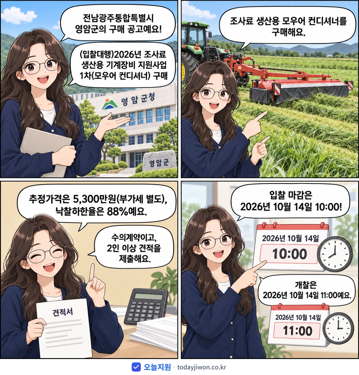 4컷 만화로 보는 공고: 전남광주통합특별시 영암군 '(입찰대행)2026년 조사료 생산용 기계장비 지원사업 1차(모우어 컨디…', 추정가격 5,300만원, 입찰 마감 10/14 10:00