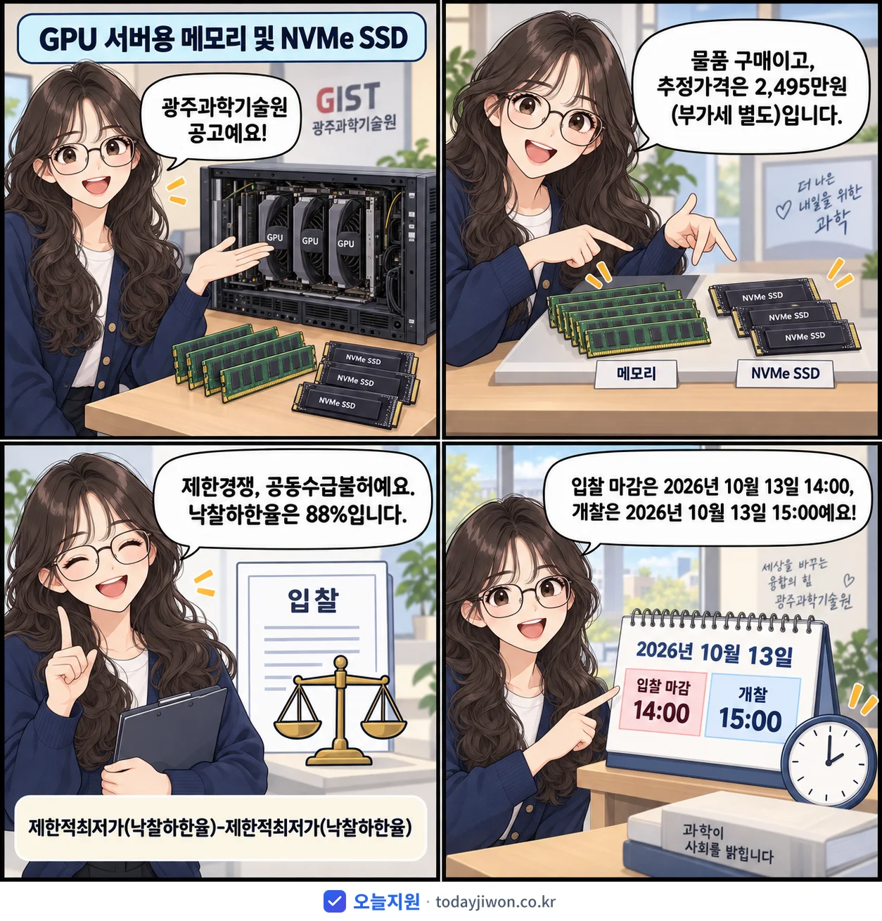 4컷 만화로 보는 공고: 광주과학기술원 'GPU 서버용 메모리 및 NVMe SSD', 추정가격 2,495만원, 입찰 마감 10/13 14:00