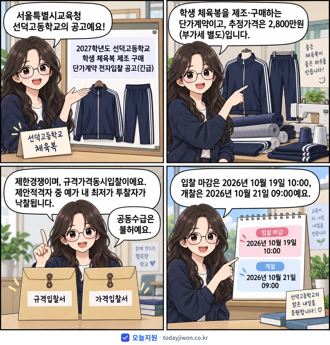 4컷 만화로 보는 공고: 서울특별시교육청 선덕고등학교 '학년도 선덕고등학교 학생 체육복 제조 구매 단가계약 전자입찰 공고', 추정가격 2,800만원, 입찰 마감 10/19 10:00