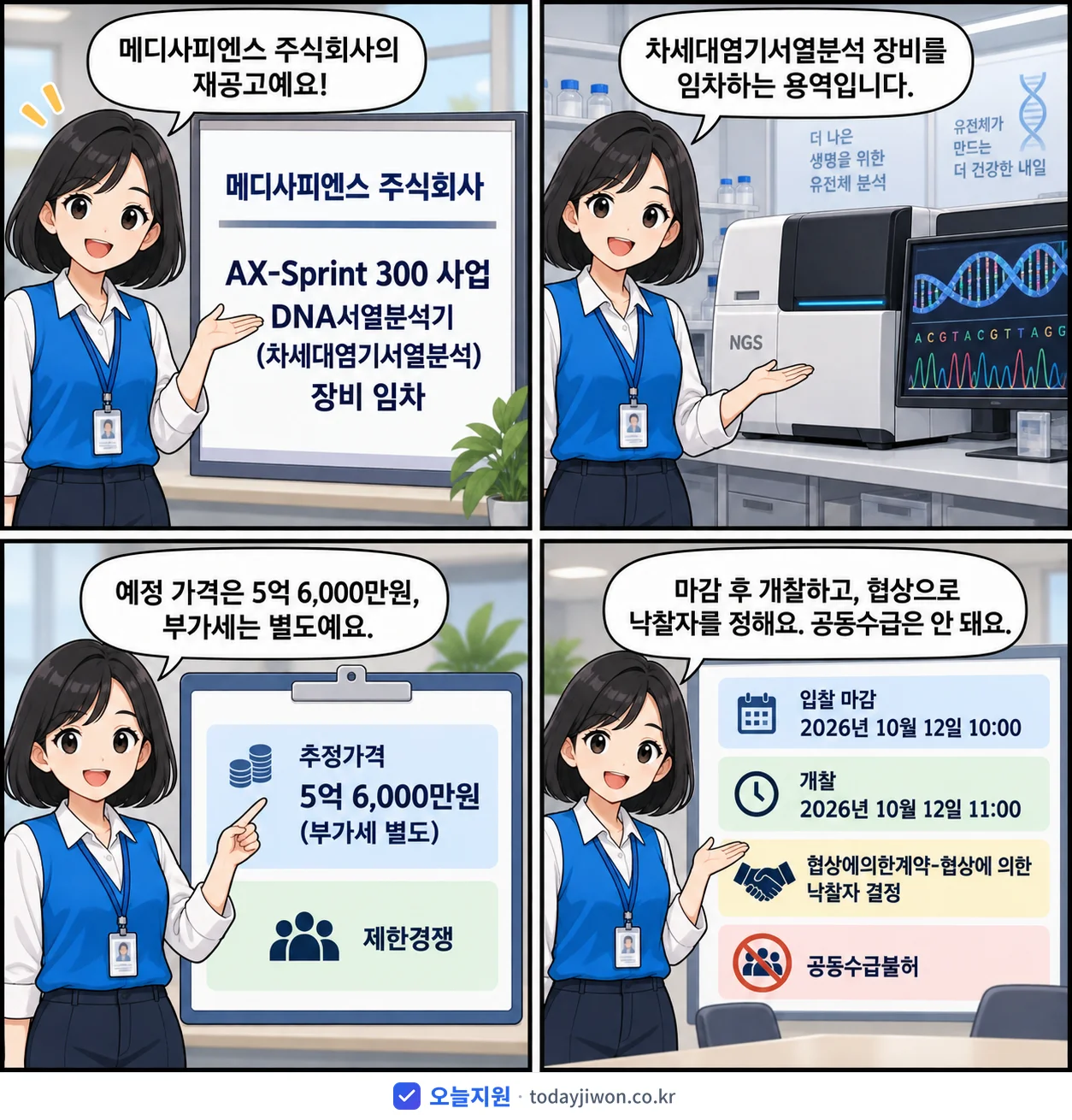 4컷 만화로 보는 공고: 메디사피엔스 주식회사 'AX-Sprint 300 사업 DNA서열분석기 (차세대염기서열분석) 장…', 추정가격 5억 6,000만원, 입찰 마감 10/12 10:00