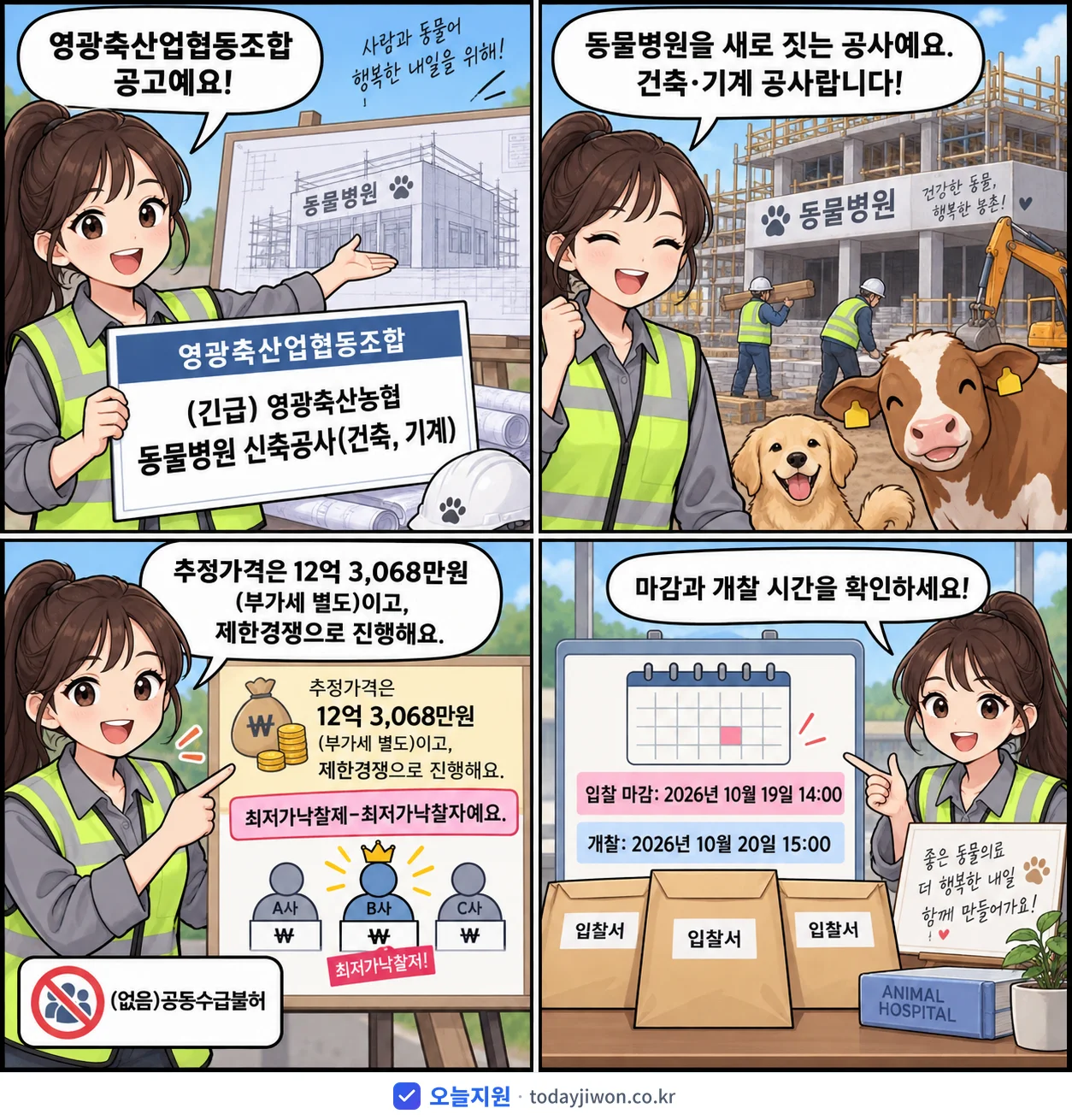 4컷 만화로 보는 공고: 영광축산업협동조합 '영광축산농협 동물병원 신축공사(건축, 기계)', 추정가격 12억 3,068만원, 입찰 마감 10/19 14:00