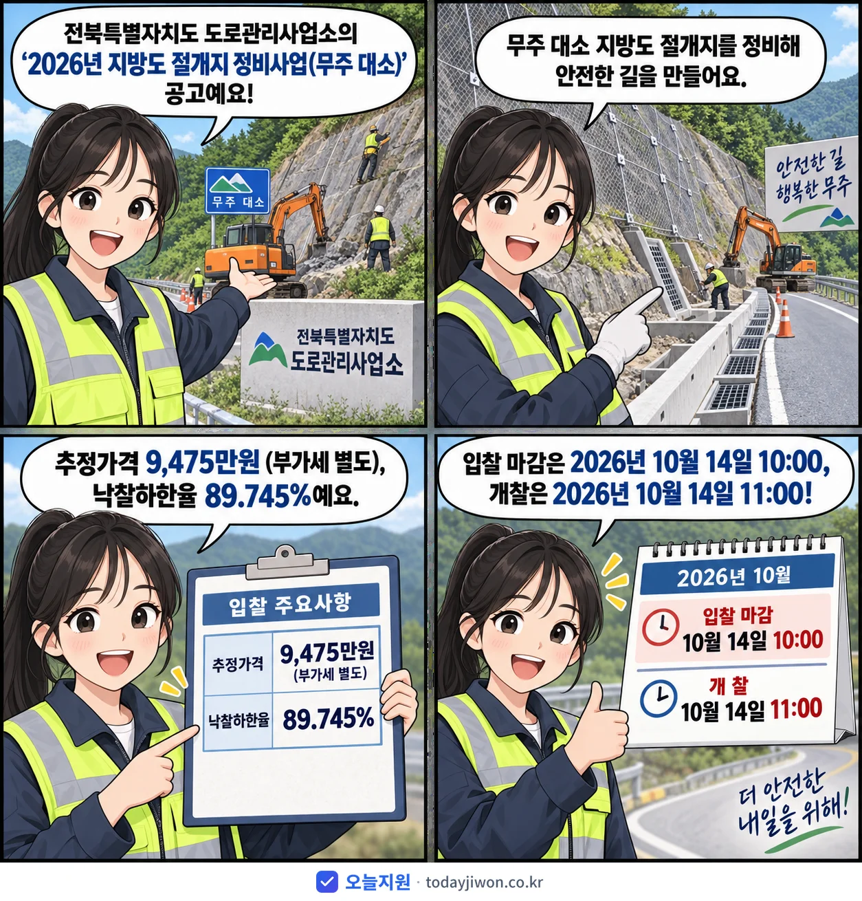 4컷 만화로 보는 공고: 전북특별자치도 도로관리사업소 '지방도 절개지 정비사업(무주 대소)', 추정가격 9,475만원, 입찰 마감 10/14 10:00