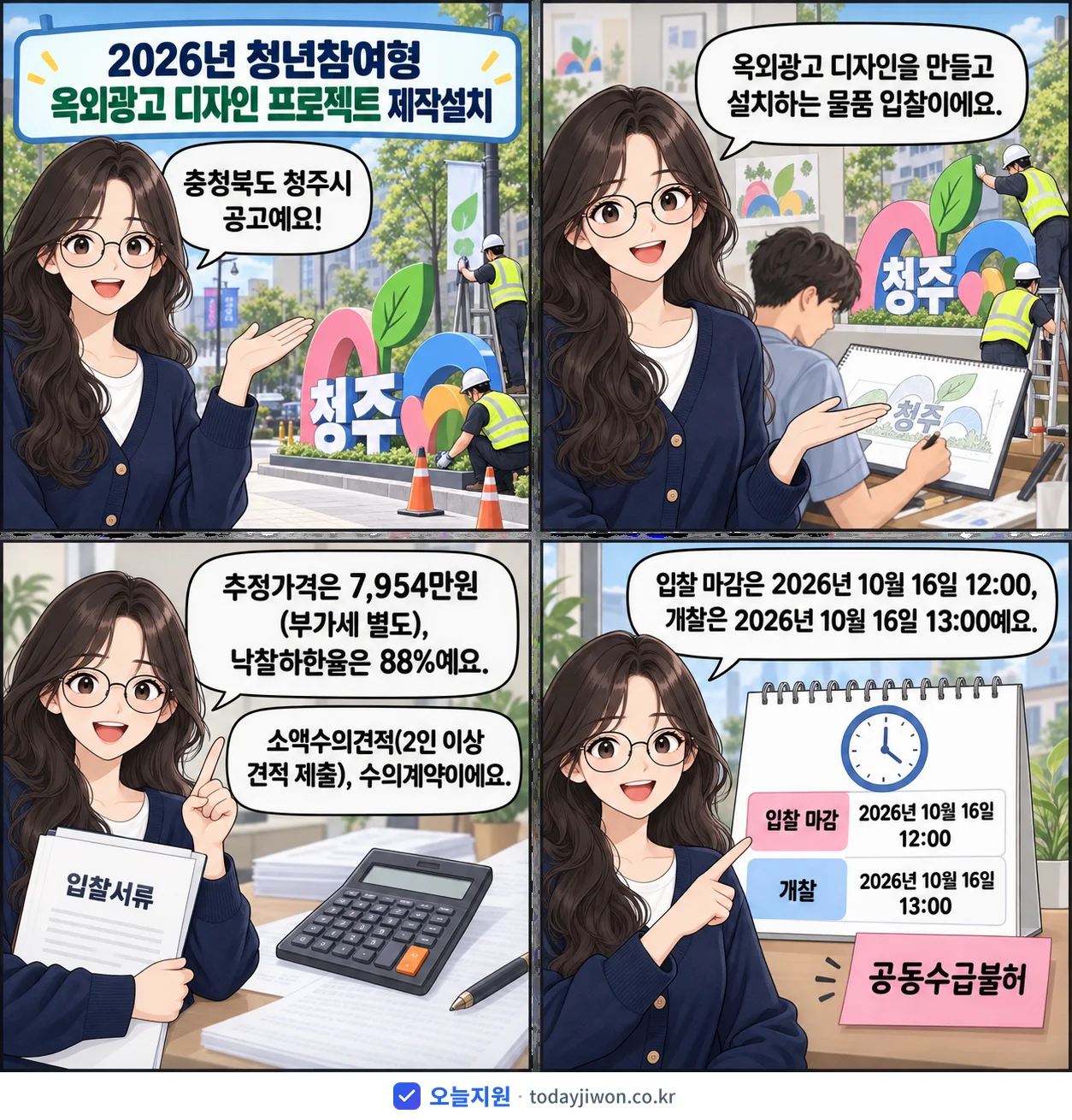 4컷 만화로 보는 공고: 충청북도 청주시 '청년참여형 옥외광고 디자인 프로젝트 제작설치', 추정가격 7,954만원, 입찰 마감 10/16 12:00