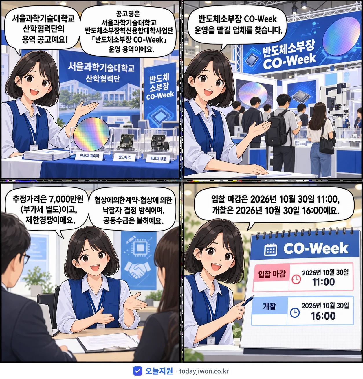 4컷 만화로 보는 공고: 서울과학기술대학교 산학협력단 '서울과학기술대학교 반도체소부장혁신융합대학사업단 「반도체소부장 CO-We…', 추정가격 7,000만원, 입찰 마감 10/30 11:00