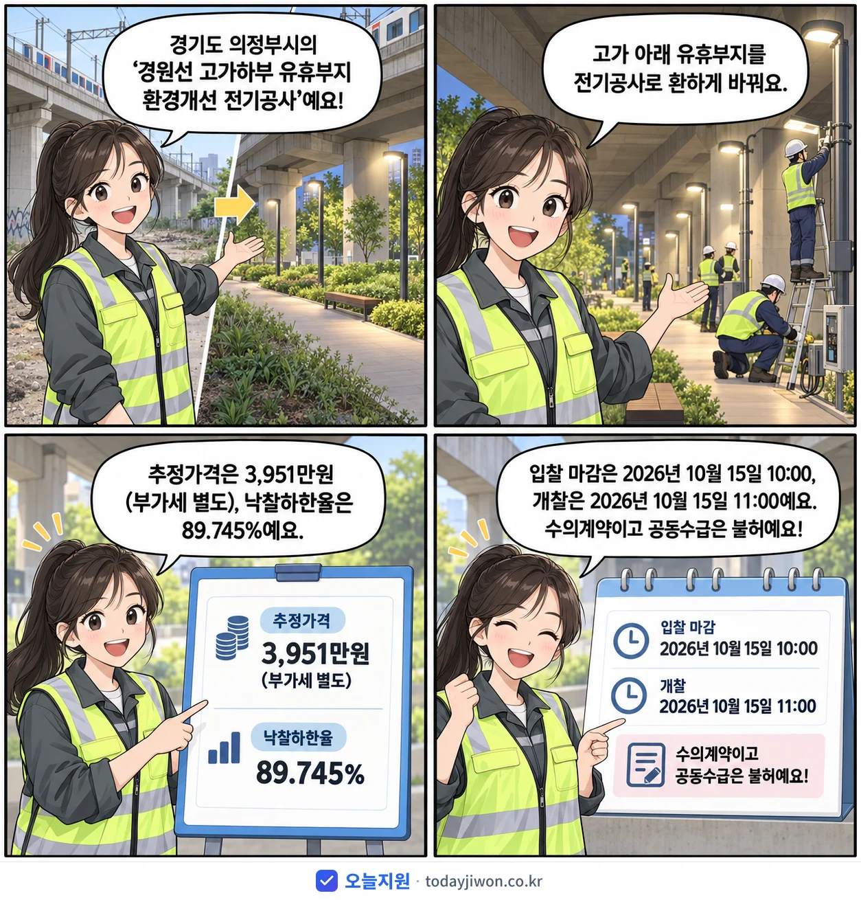 4컷 만화로 보는 공고: 경기도 의정부시 '경원선 고가하부 유휴부지 환경개선 전기공사', 추정가격 3,951만원, 입찰 마감 10/15 10:00