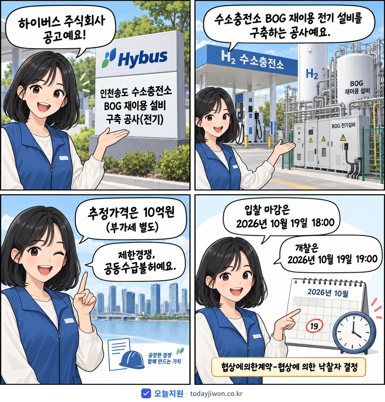 4컷 만화로 보는 공고: 하이버스 주식회사 '인천송도 수소충전소 BOG 재이용 설비 구축 공사(전기)', 추정가격 10억원, 입찰 마감 10/19 18:00
