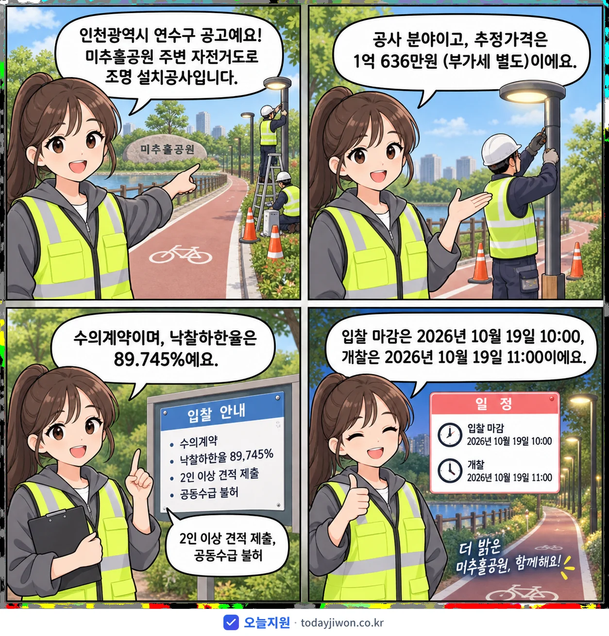 4컷 만화로 보는 공고: 인천광역시 연수구 '미추홀공원 주변 자전거도로 조명 설치공사', 추정가격 1억 636만원, 입찰 마감 10/19 10:00