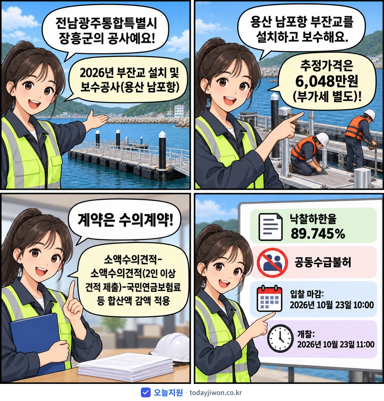 4컷 만화로 보는 공고: 전남광주통합특별시 장흥군 '부잔교 설치 및 보수공사(용산 남포항)', 추정가격 6,048만원, 입찰 마감 10/23 10:00